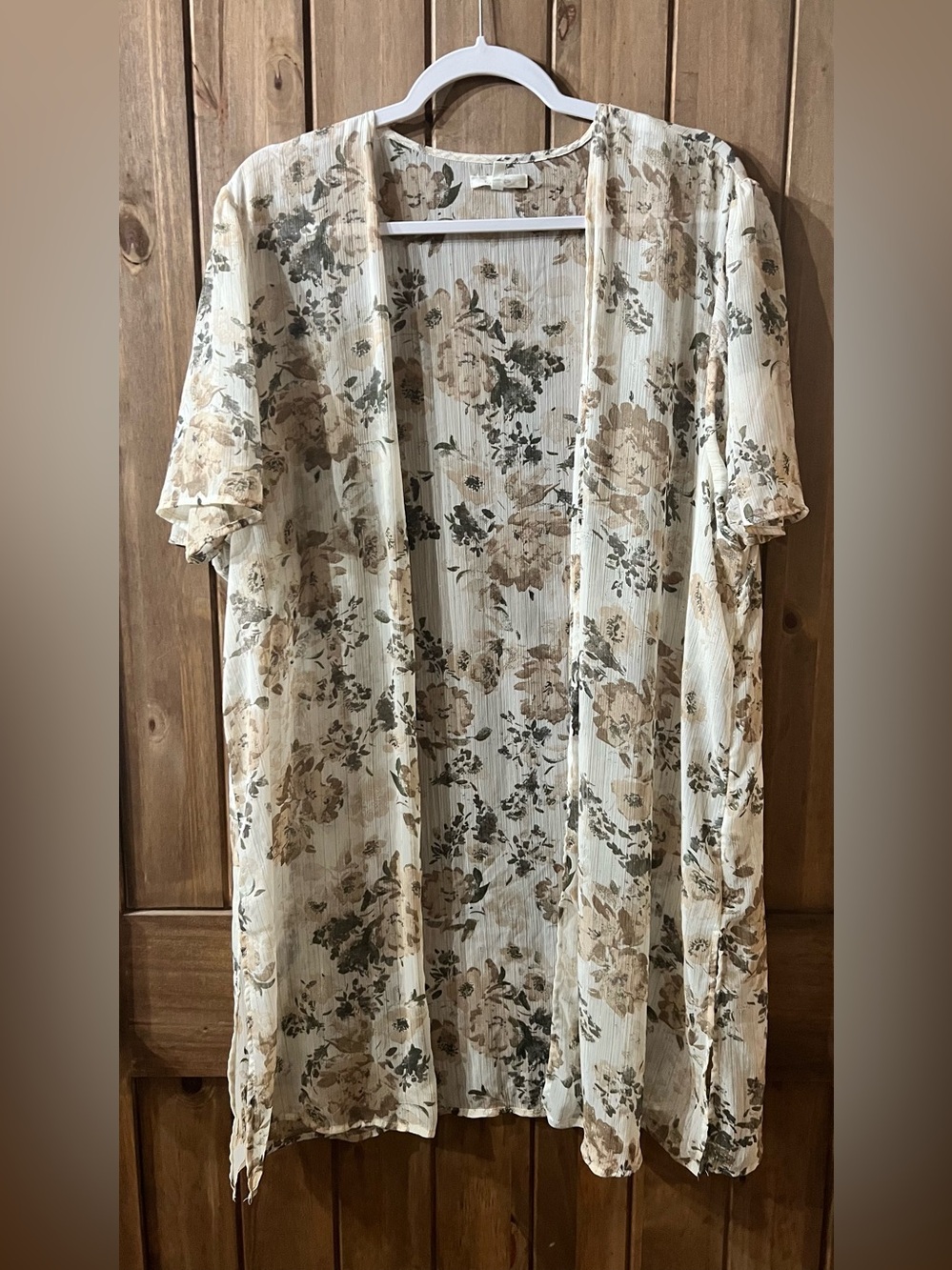Maurices Floral Open-Front Kimono in Cream and Tan and olive green